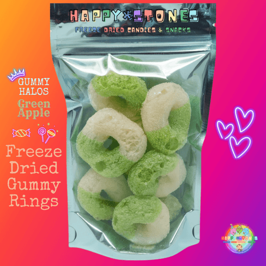 Freeze dried gummy rings green apple gummy halos