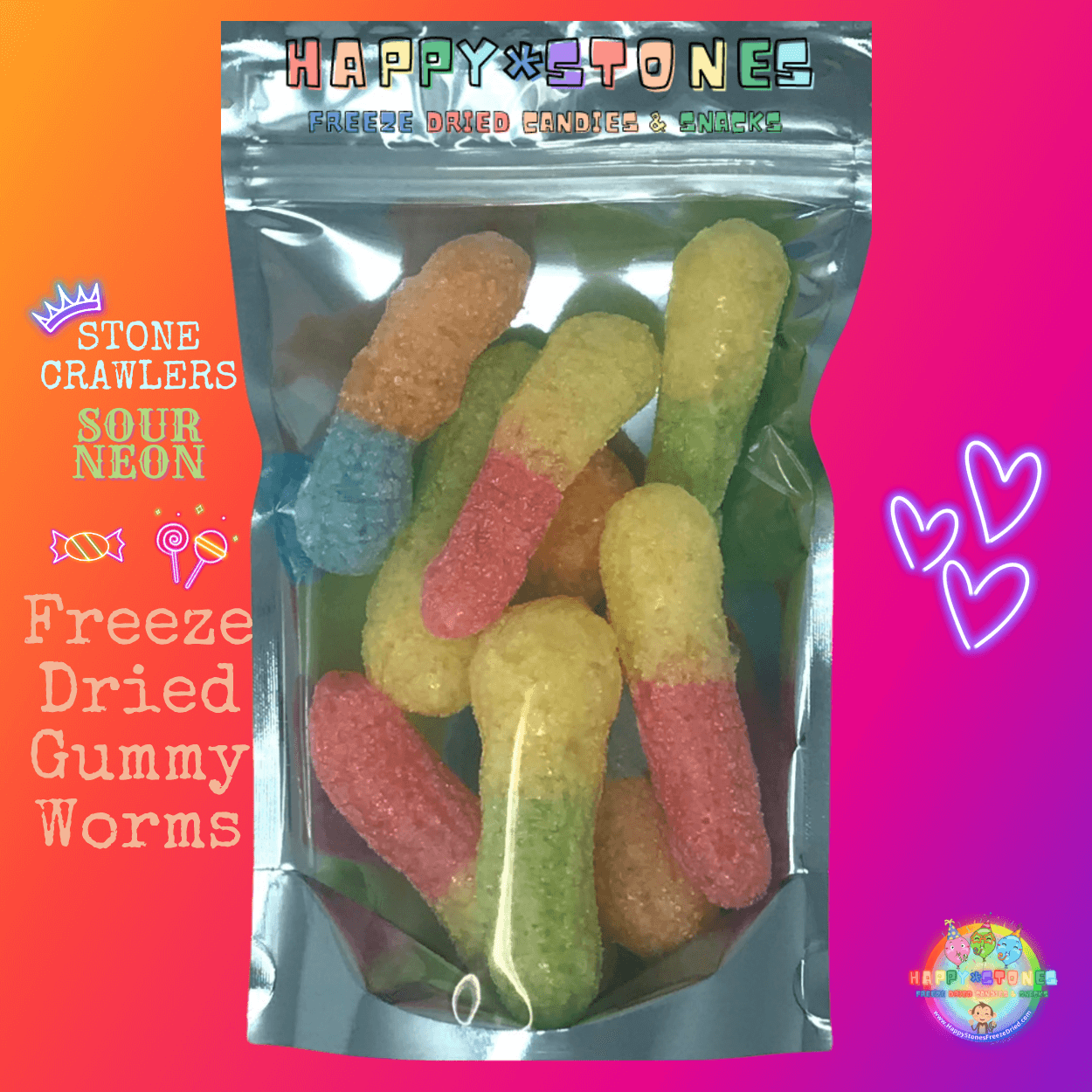 Freeze Dried Sour Gummy Worms Candy Neon Stone Crawlers