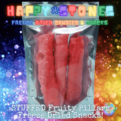 Freeze Dried Snacks ~ Strawberry Flavored Fruity Pillars STUFFED with Rainbow Gems Candy