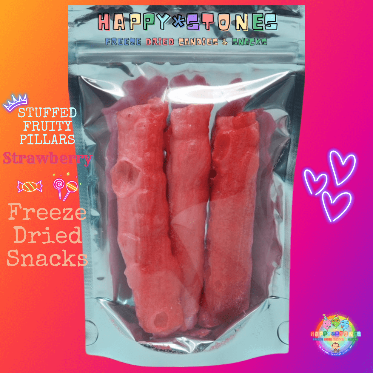 Freeze Dried Snacks ~ Strawberry Flavored Fruity Pillars STUFFED with Rainbow Gems Candy