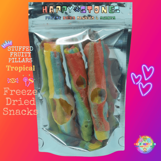 Freeze Dried Snacks ~ Tie Dye Tropical Flavored Fruity Pillars STUFFED with Rainbow Gems Candy