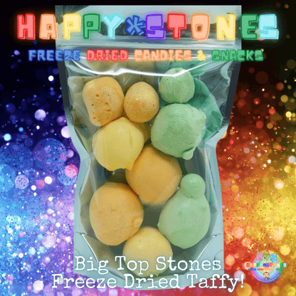 Tropical Breeze Big Top Stones Freeze Dried Salt Water Taffy Combo includes 3 flavors: Mango Chili (has a little kick to it), Pineapple Ginger, and Kiwi Coconut